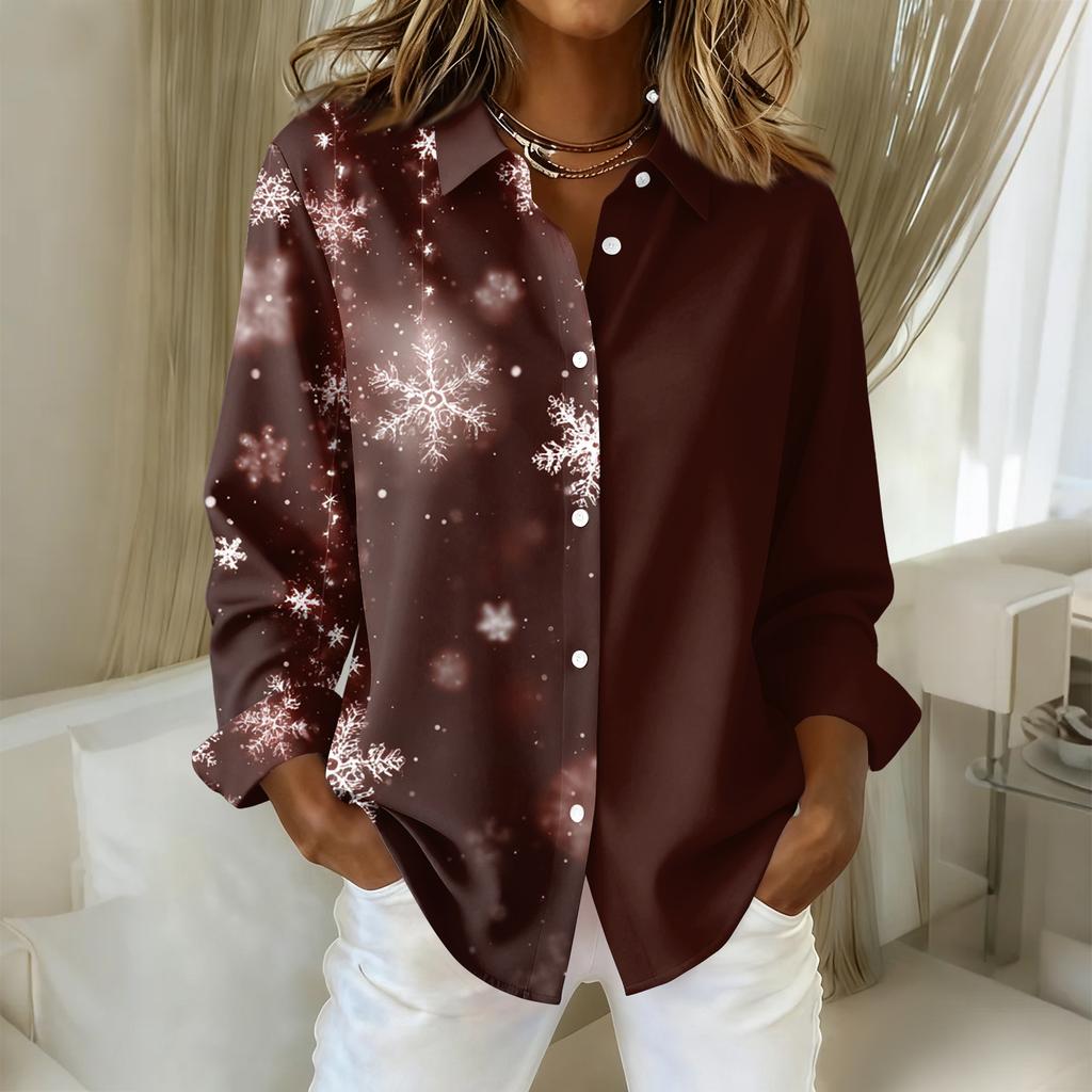 Women's Christmas Printed Button Up Long Sleeved Casual Regular Shirt With Collar Top