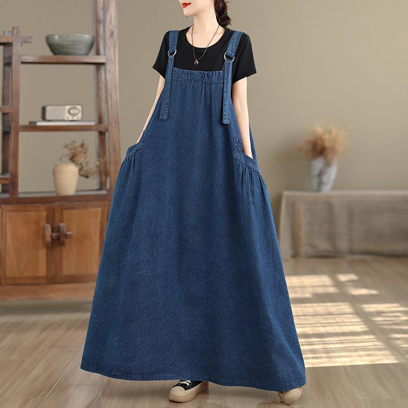 Spring, summer and autumn long four-season skirt retro loose and thin denim strap skirt long swing dress