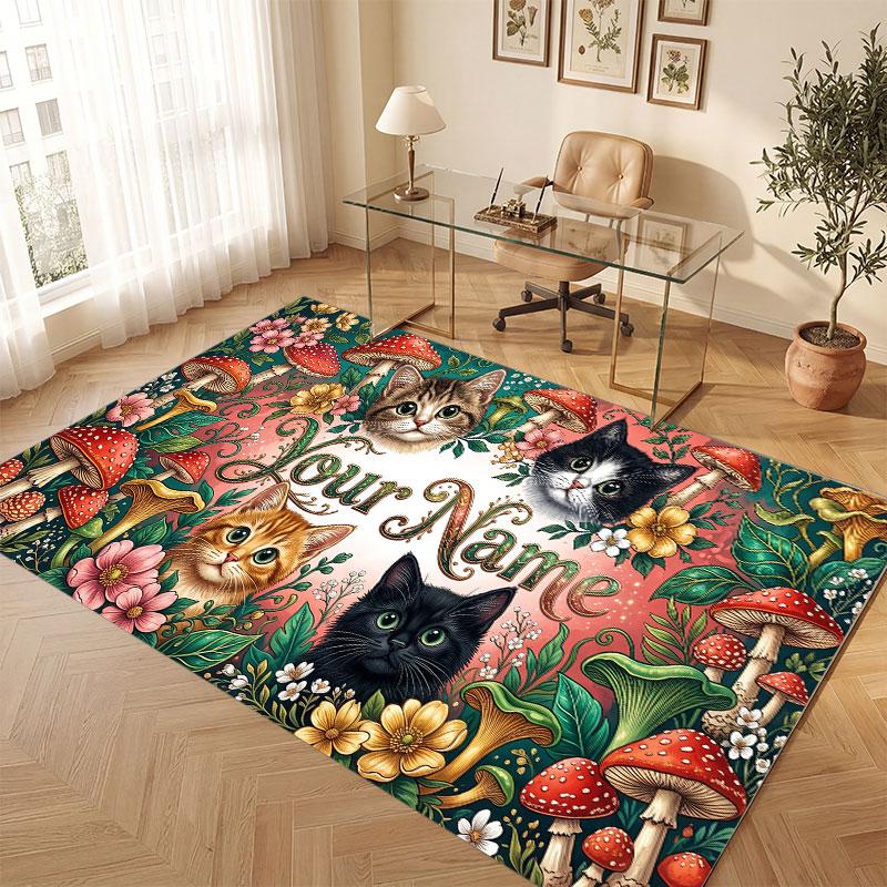 Cat Theme Crystal Velvet Floor Rug Personalized Custom Name Text Warm Carpet Home Decoration