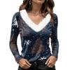 Women's Christmas Long Sleeve Top with Snowflake and Christmas Tree Print, Collar and V-Neck