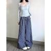 High-Waisted Lazy Style Loose Plaid Pants Straight-Leg Long Pants Blue Retro Checkered Casual Pants Wide-Leg Pants  Women