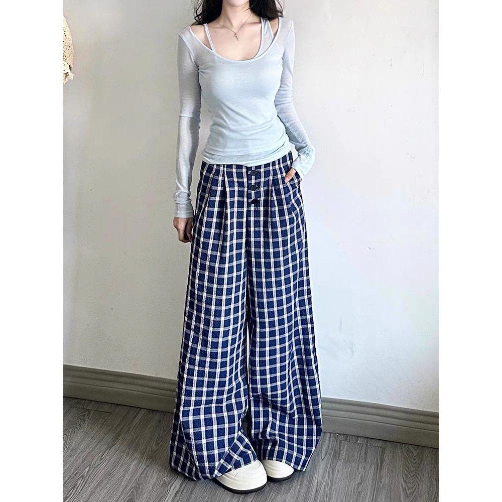 High-Waisted Lazy Style Loose Plaid Pants Straight-Leg Long Pants Blue Retro Checkered Casual Pants Wide-Leg Pants Women