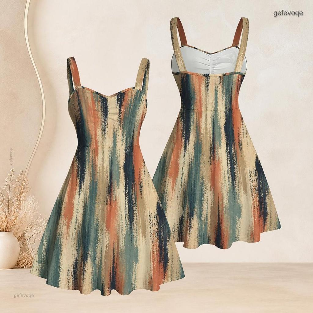 Women S Plus Size Off Shoulder Square Neck Strappy Sleeveless Printed Flared Dress