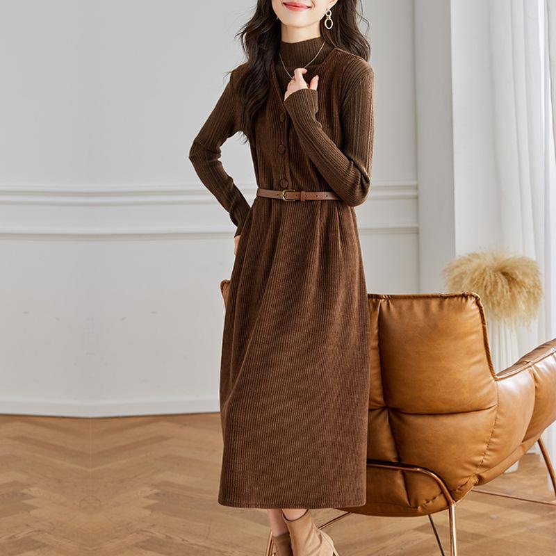 

Утепленное платье женское средней длины с высокой талией, тонкая юбка, весеннее платье XXL темно-коричневого