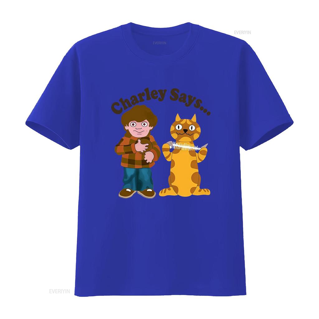 Charley Says Retro 70s Animation Boy Cat T Shirt Fun Nostalgic Design For All Ages Vintage Streetwear Stylish Versatile