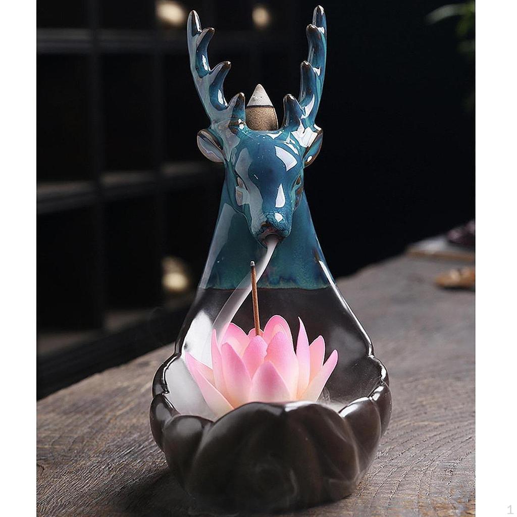 Backflow Incense Burner Waterfall Lotus Ceramic Censer Desk Statue Stick Holder Elk for