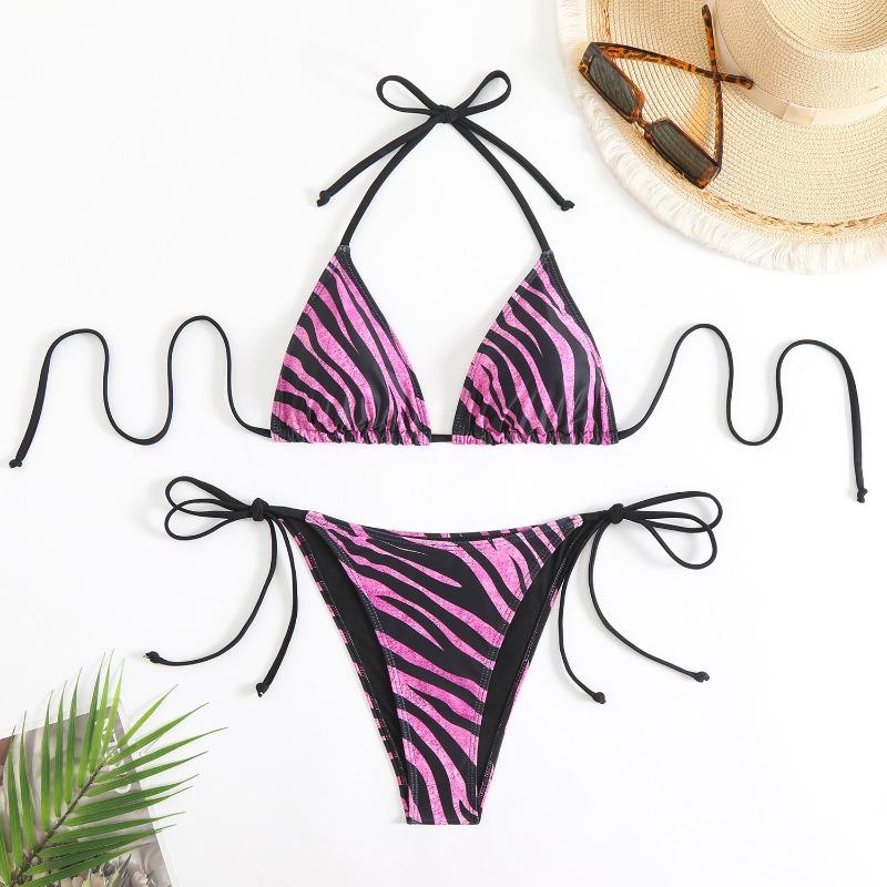 New Zebra Pattern Strap-on Neck Bikini Triangle Bag Split Swimsuit