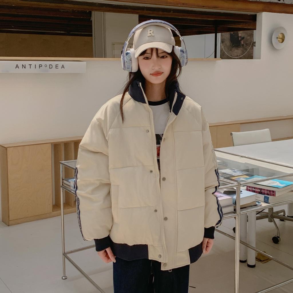 Splicing Contrast Thickened Stand-up Collar Padded Clothes for Schoolgirls 2025 Winter Design Striped Cotton Jacket Bread Jacket Jacket