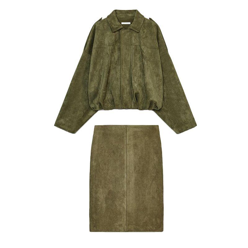 Spring New Suede Texture Mid Waist Midi Dress 4344156 Pilot Jacket Outwear 4344155