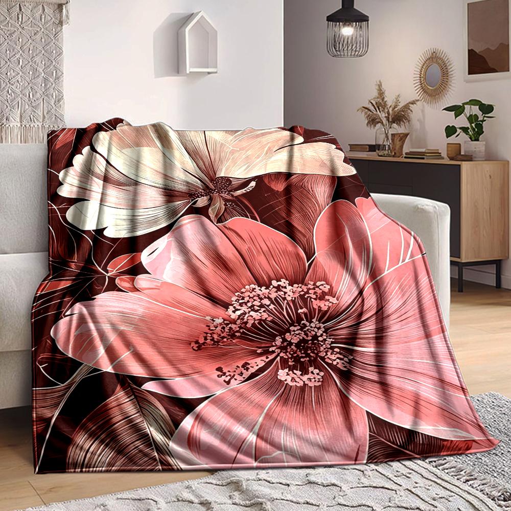 1Pc Floral Romance Pink White Blanket Soft And Comfortable Casual Warm Camping Travel Christmas Halloween Xmas Gift M9247