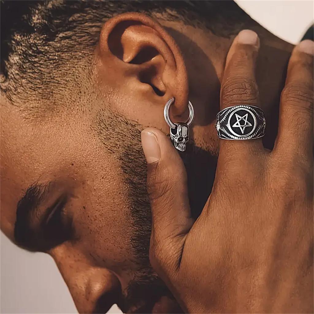2pcs 316L Stainless Steel Trendy Vintage Skull Earrings For Men, Punk Gothic Hoop Earrings Hyposensitization Piercing Jewelry