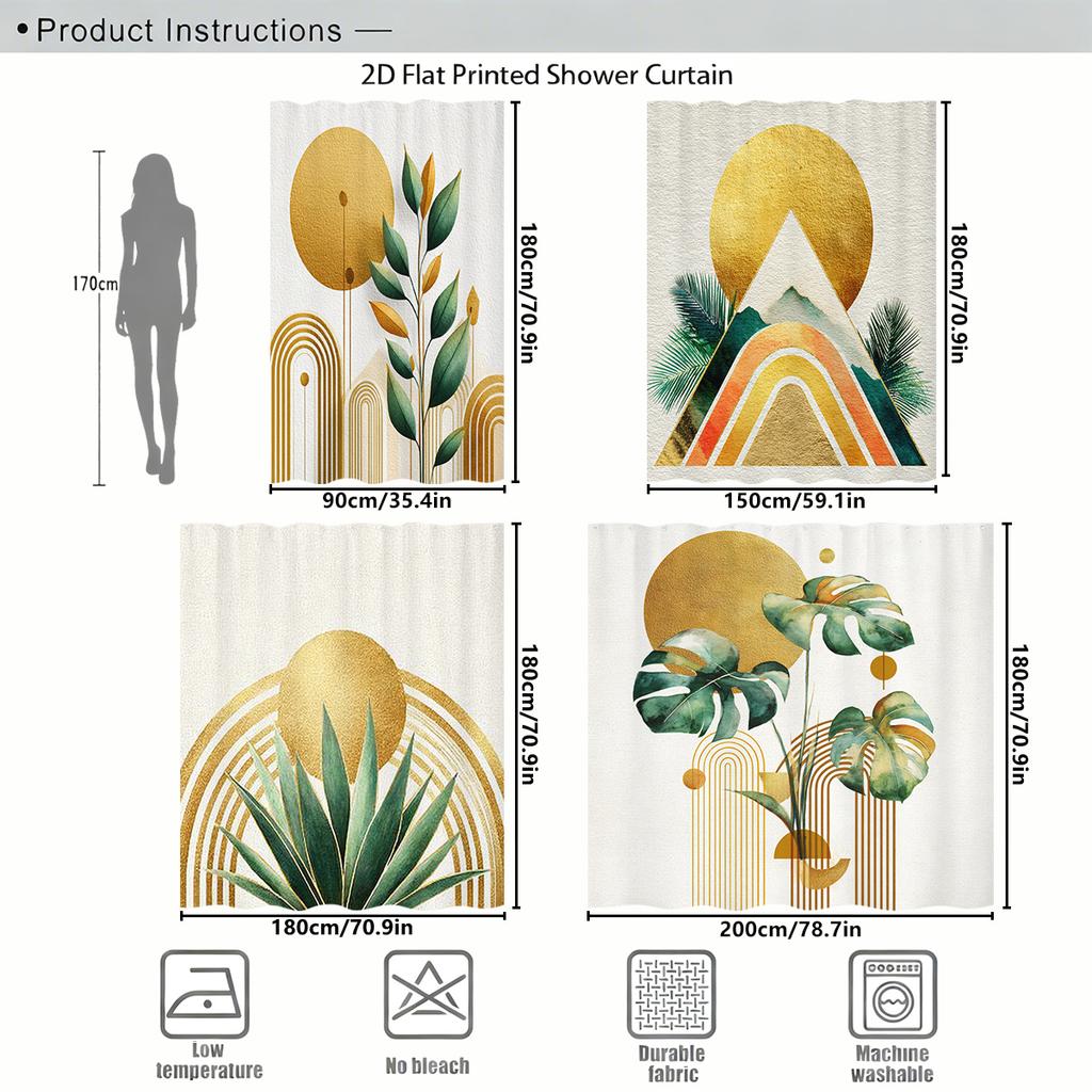 Bohemian Style Tropical Plant & Geometric Print Polyester Shower Curtain - Stylish Bathroom Decorative Curtain