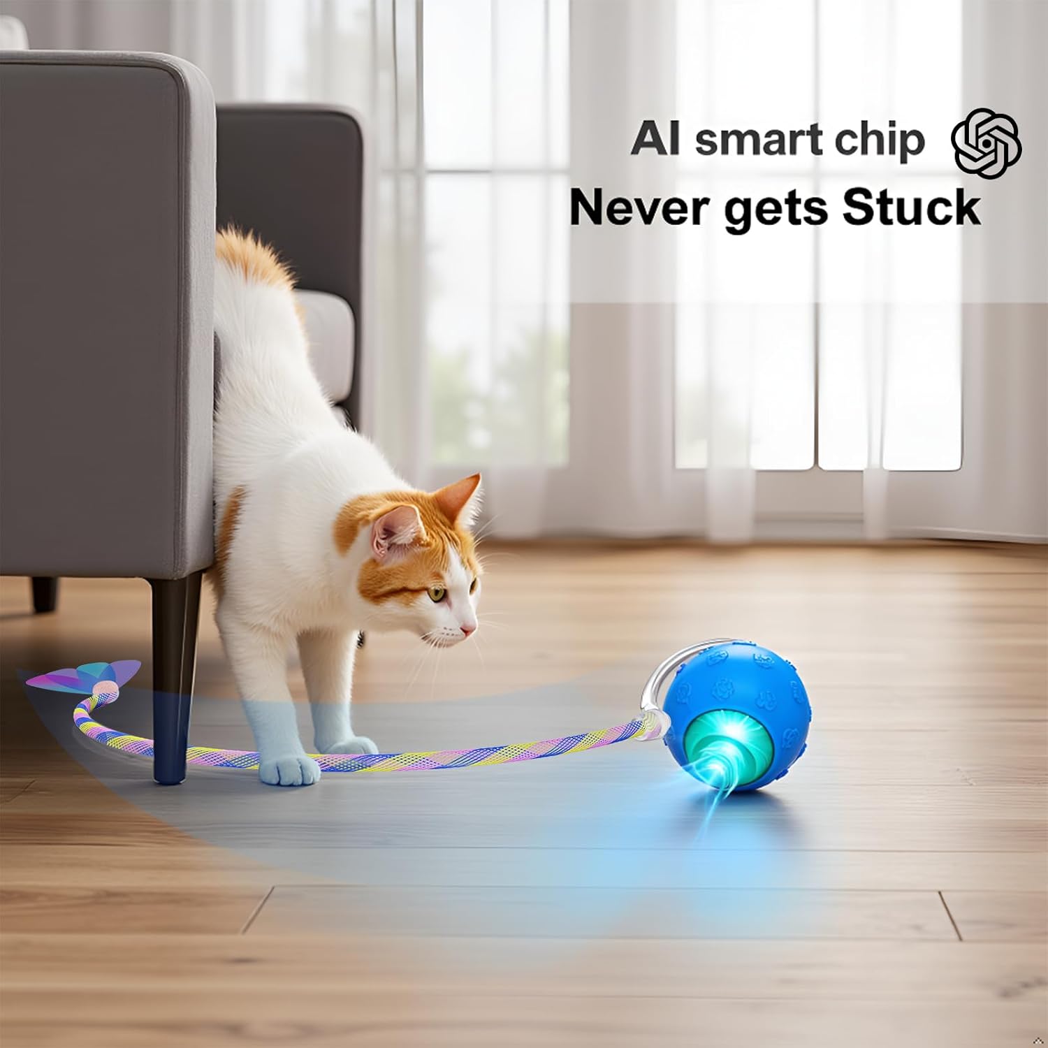 Interactive Cat Ball Toy, Automatic Self-Rolling, Motion-Activated, 3 Replaceable Teaser Wand Tails, Food-Grade TPU-Reinforced, Built-In Bluetooth
