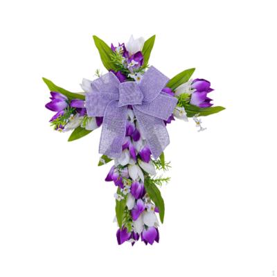 Easter Cross Wreath Artificial Flower Gift Garland Hanger Spring Tulip Door for