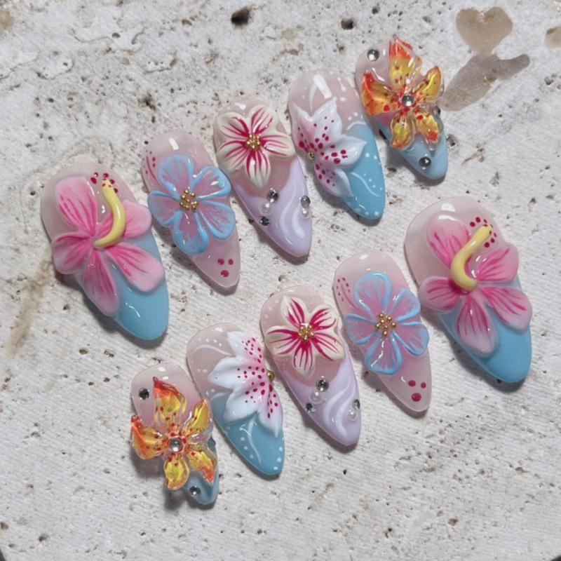 24-Piece French 3D Flower Nail Art Set: Handmade Almond-Shaped Wearable Nails with Removable Glued Design.