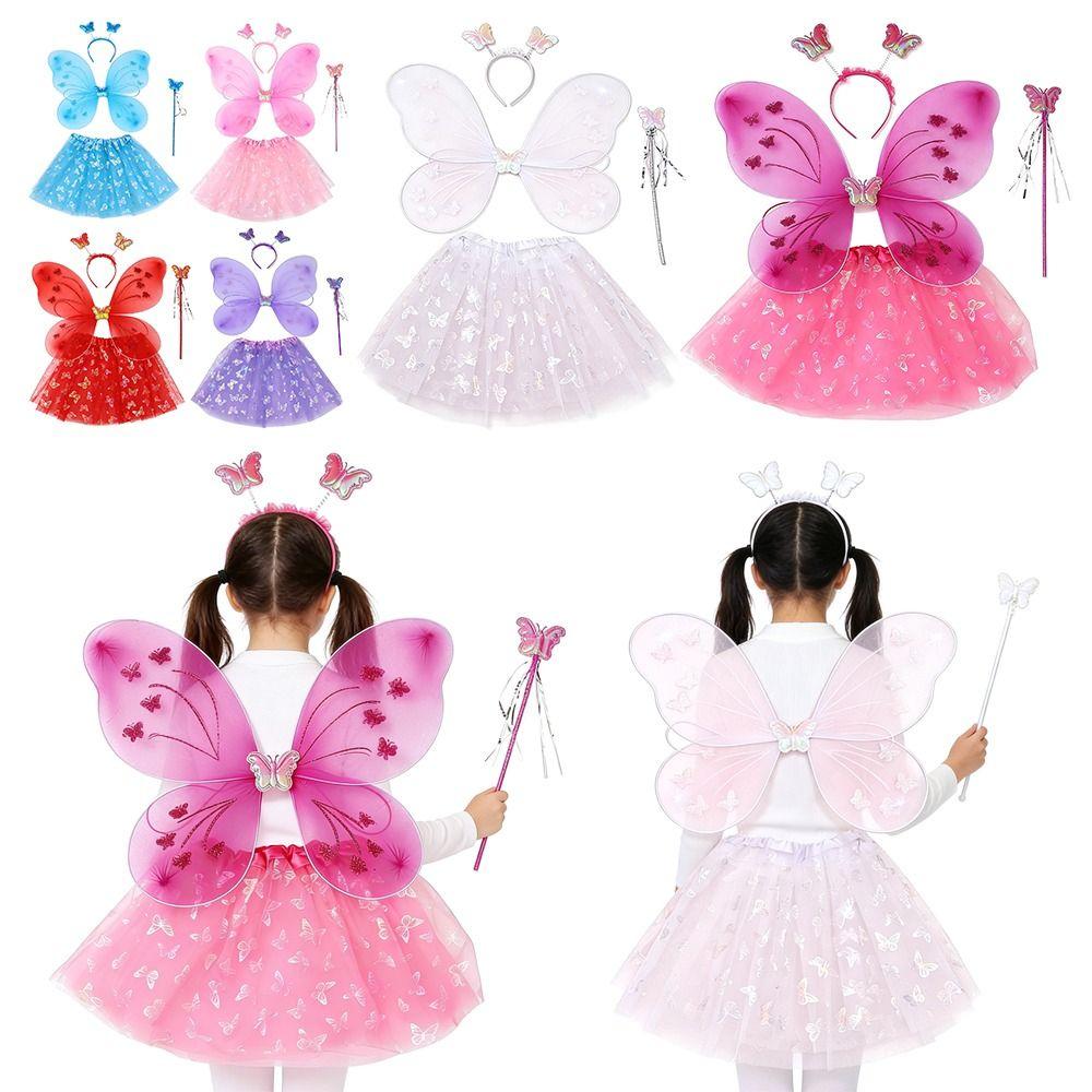 4 Stück/Set Fee Prinzessin Kostüm Schmetterlingsflügel Puffy Rock Prinzessinnenparty Kostüm Tutu Rock Fee Zauberstab Engel Kostüm Rollenspiel