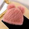 New Mink Hair Hat Warm Woven Wool Fox Hair Ball Cute Mickey Hat Fur Milliner Autumn and Winter