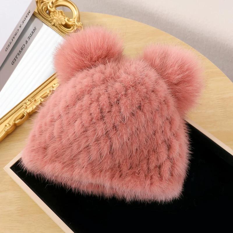 New Mink Hair Hat Warm Woven Wool Fox Hair Ball Cute Mickey Hat Fur Milliner Autumn and Winter