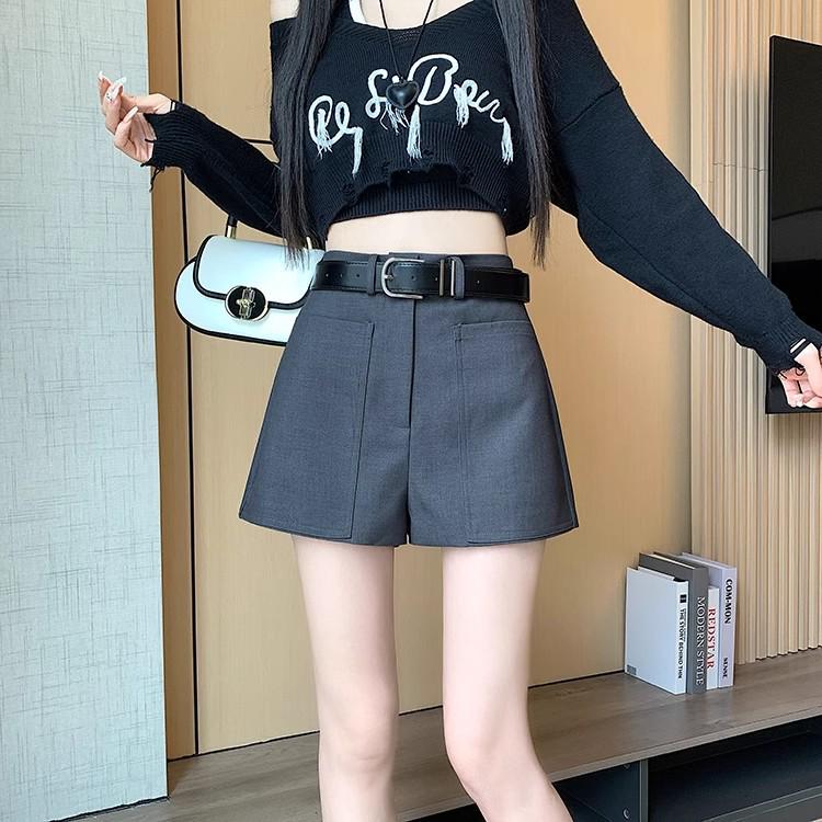 2024 Women's High-Waisted Gray A-Line Wide-Leg Shorts