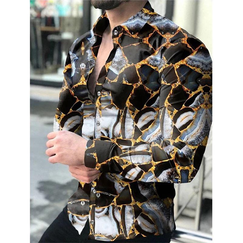 Men's Elegant 3D Printed Long Sleeve Shirts Turn Down Collar Party Casual Camisas Hombre Plus Size Streetwear Fashion Blouse