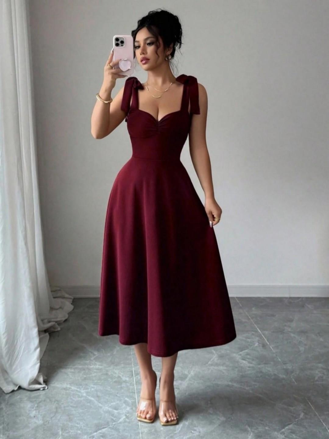 Europäischer Sommer 2026 Elegantes mittellanges einfarbiges Trägerkleid Extra Large wein rot