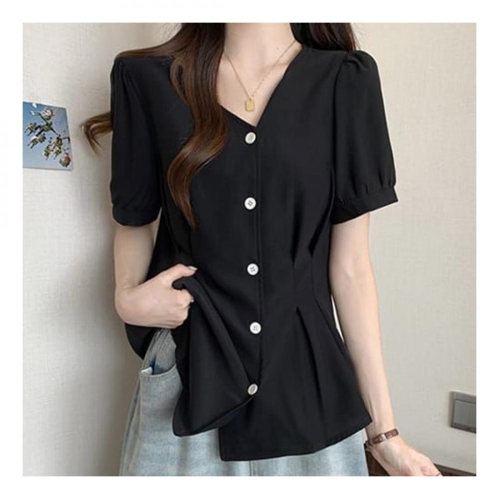 Navava Women Vintage Plain Asymmetrical Short Sleeve Blouse Nb2240