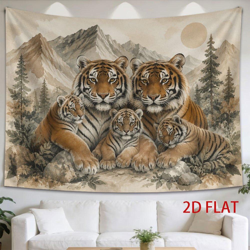 1pc Tapestry Tiger Parents with Cubs Resting in Mountain Forest, Serene Wildlife Scene with Majestic Peaks and Gentle Trees in Warm Tones.