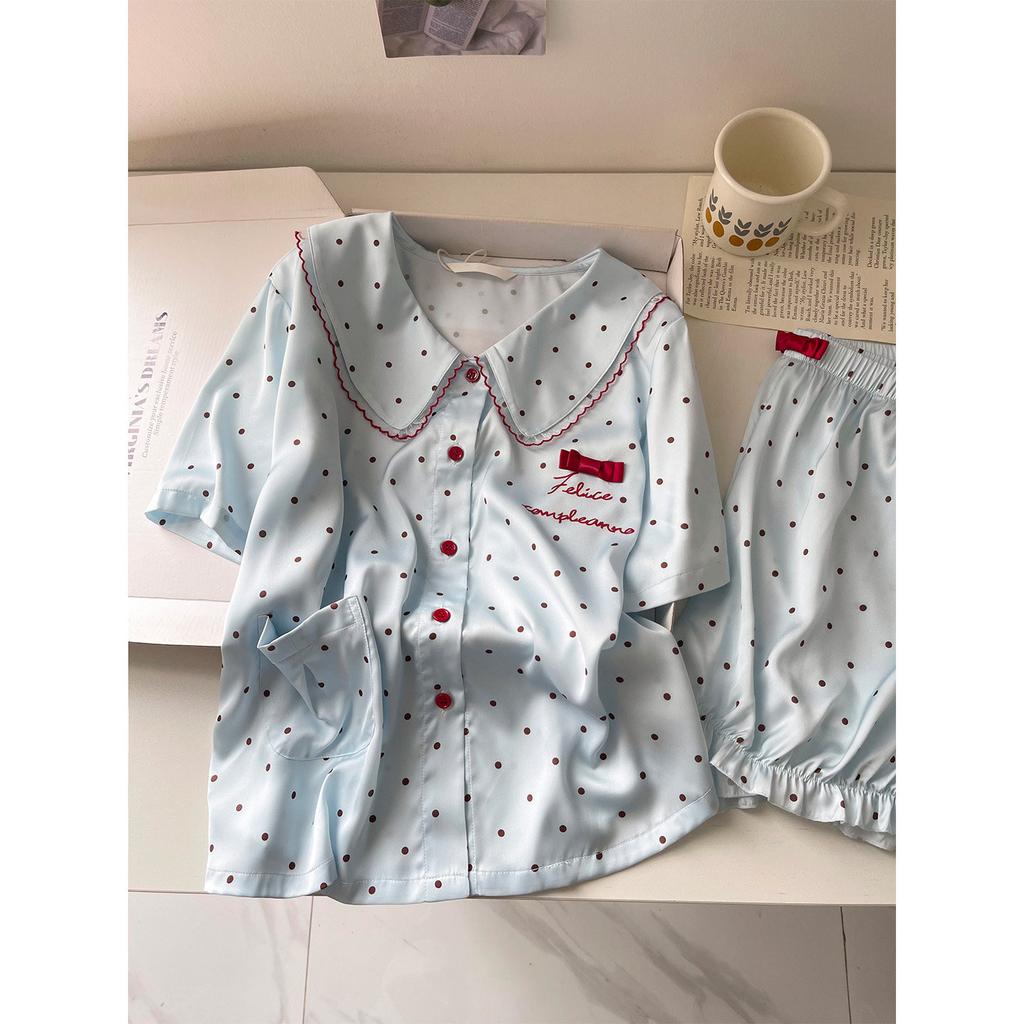 French sweet girl polka dot ice silk pajamas women's 1011 summer new short-sleeved shorts loungewear suit outside