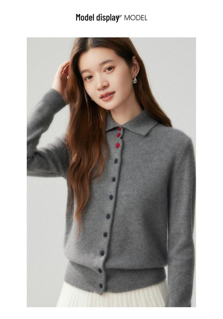 Cashmere Women's Polo Collar Cardigan - Autumn/Winter 2026 Versatile Loose Slimming Outerwear