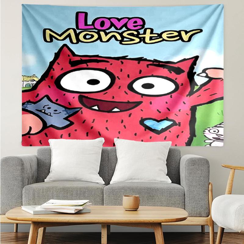 Love Monster Print Tapestry, Backdrop, Easy Setup, Ideal for Bedroom, Office & Living Room, with Aesthetic Wall Hanging Decor.