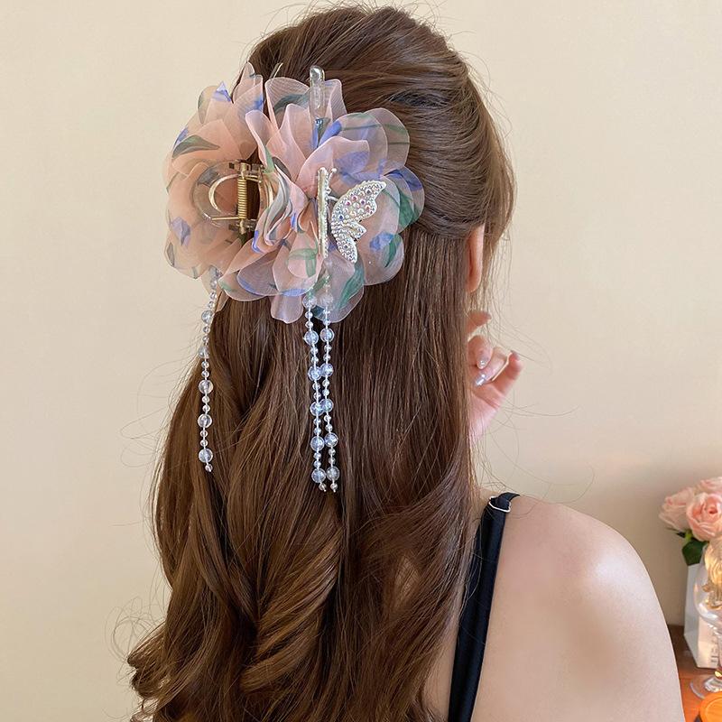 Mesh Butterfly Flower Tassel Hair Clip Sparkling Shark Clip  Hair Claw For Women Girls Elegant Hair Accessories Gifts