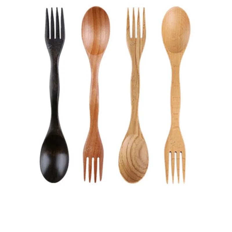 Wooden Simple Spoon Fork Outdoor Portable Multifunctional Tableware Creative Design Dual Use Dinnerware Household Kitchen Tool YLE058