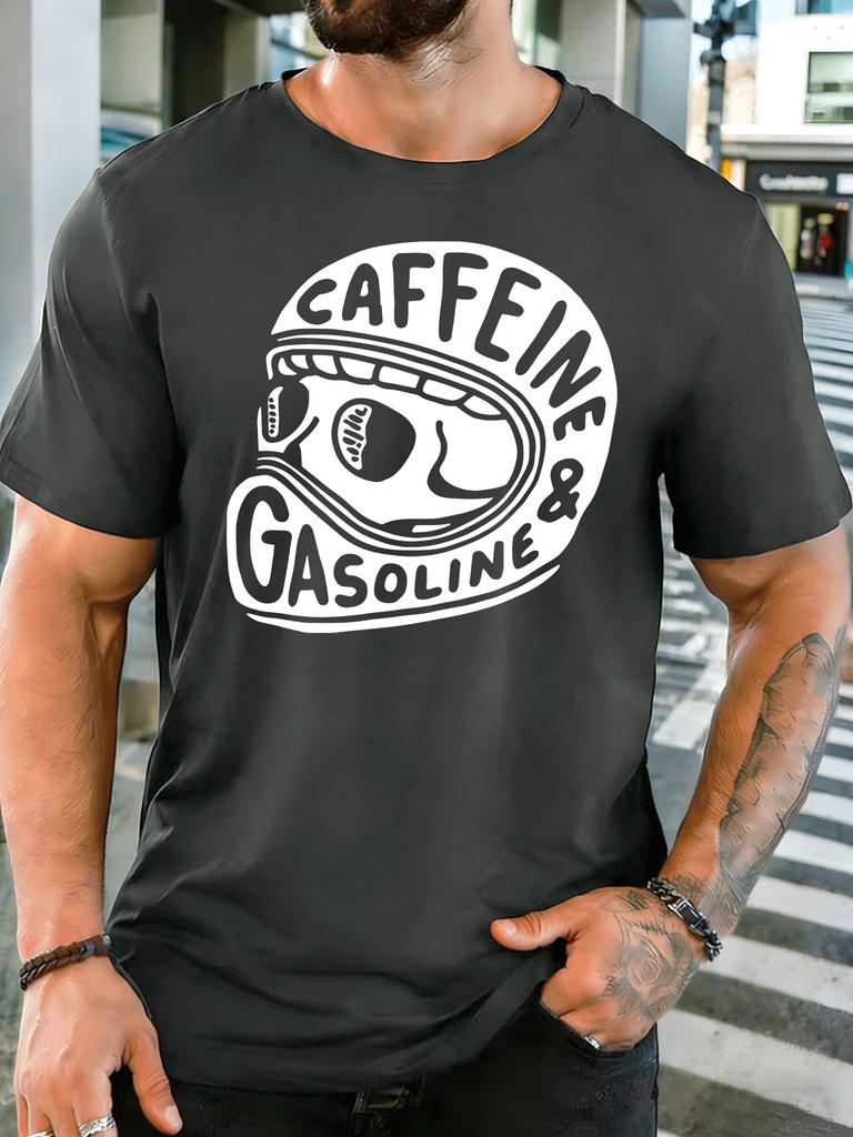 Caffeine And Gasoline Skull Helmet Unisexs Print T Shirt Retro Biker Text Graphic Tee Casual Short Sleeve Top Motorcycle Lover Gift