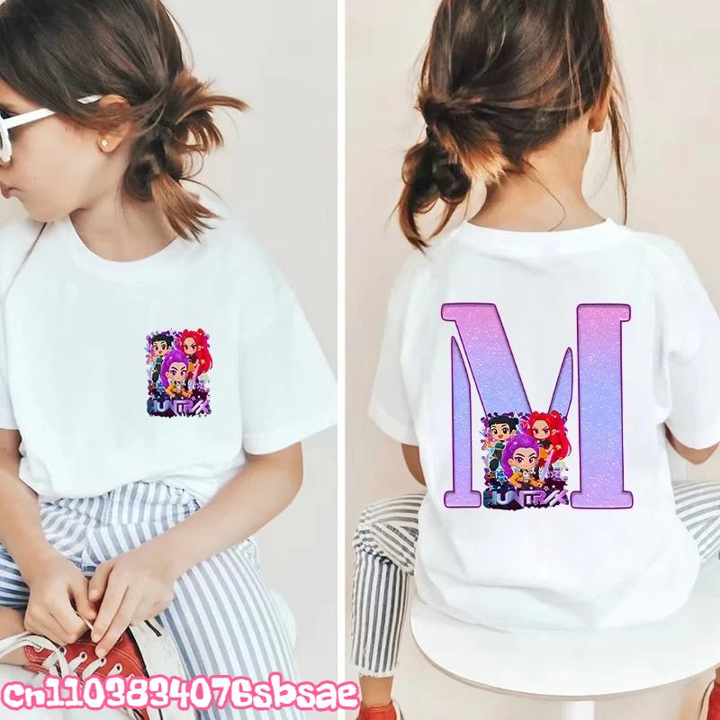 Hot Fashion Girls Boys T-shirts A-Z 26 Letter Kpop Demon Hunter HuntrX Graphic Kids Tops Short Sleeve Tees Shirts Child Clothing