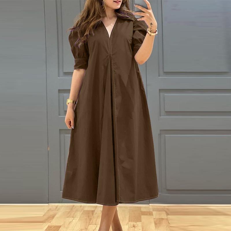 ZANZEA Women Casual V-neck Solid Color Loose Short Sleeve Dress