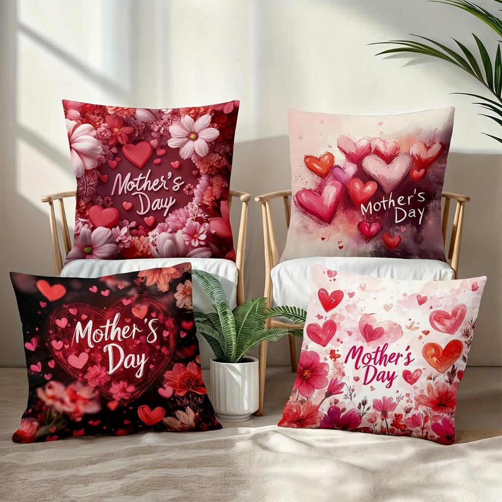 4pcs Happy Mother's Day Decorative Pillowcase Set, 18x18 Inch Floral Cushion Covers for Sweet Home Decor, Gift for Mom, for Porch Patio Sofa