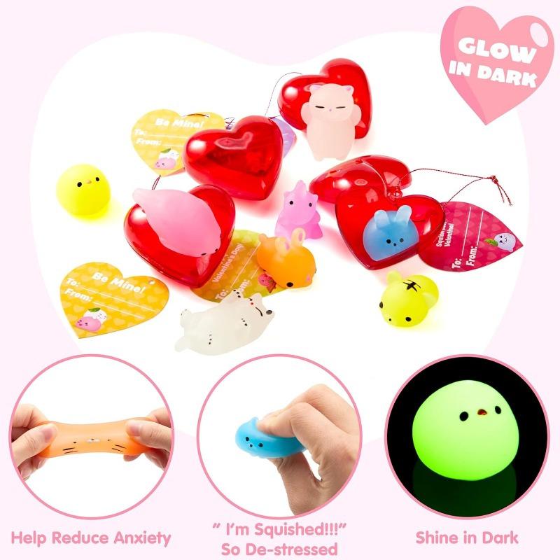 JOYFY 28er Set Valentinstag Party-Mitgebsel mit 28 leuchtenden Mochi Squishy Spielzeugen, gefüllten Herzen und Herz-Karten
