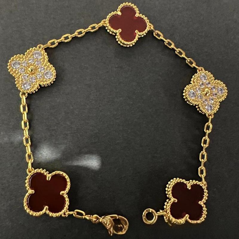 Exquisite Four-leaf Clover Bracelet for Women Five-flower Bracelet Double-sided Natural White Mother-of-pearl and Carnelian Bracelet