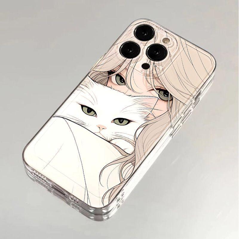 Cat Girl for iPhone17PorMax Mobile Phone Case Apple 14/15 Fine Hole 16 Transparent 13 Protective Case
