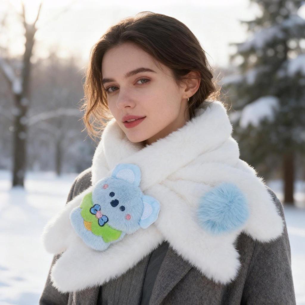 Women’s Cute Korean Faux Rabbit Fur Scarf: Thick, Warm, Plush, Versatile Neck Warmer for Autumn & Winter; Trendy Style for Students & Children.