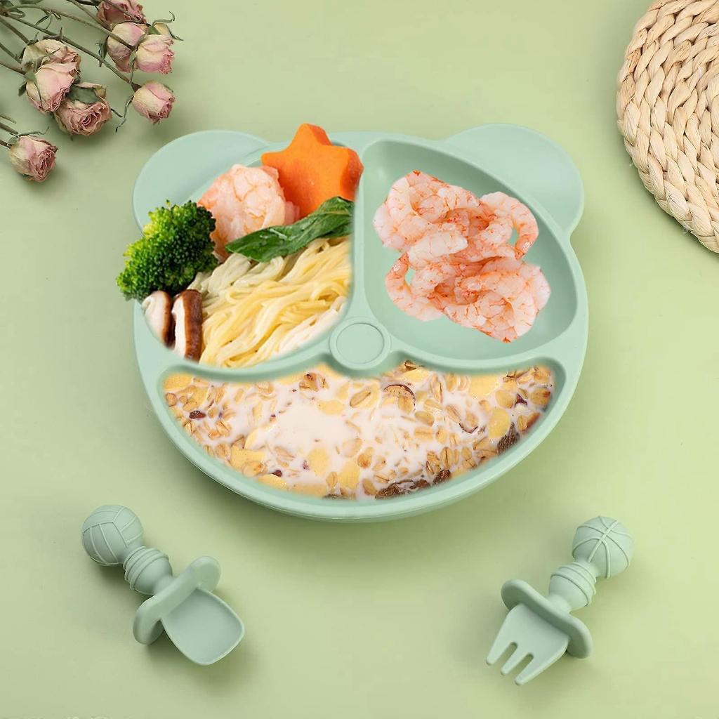 Baby Plate, Silicone Suction Toddler Plates Baby Weaning Plate Divided Plate with Spoon Fork for Kids
