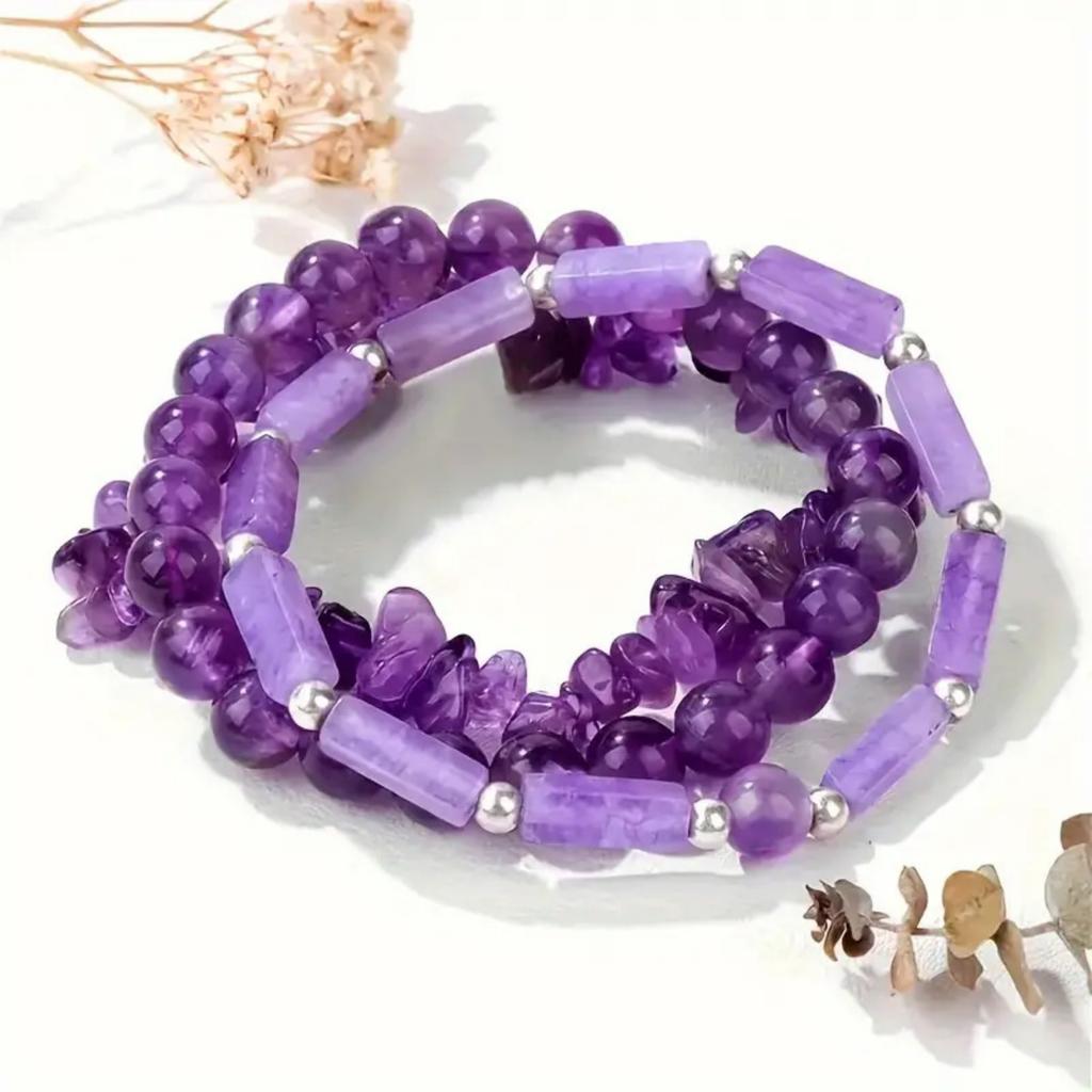 4x13 Square Column Cylindrical Crushed Stone Three Piece Bracelet Amethyst Bracelet