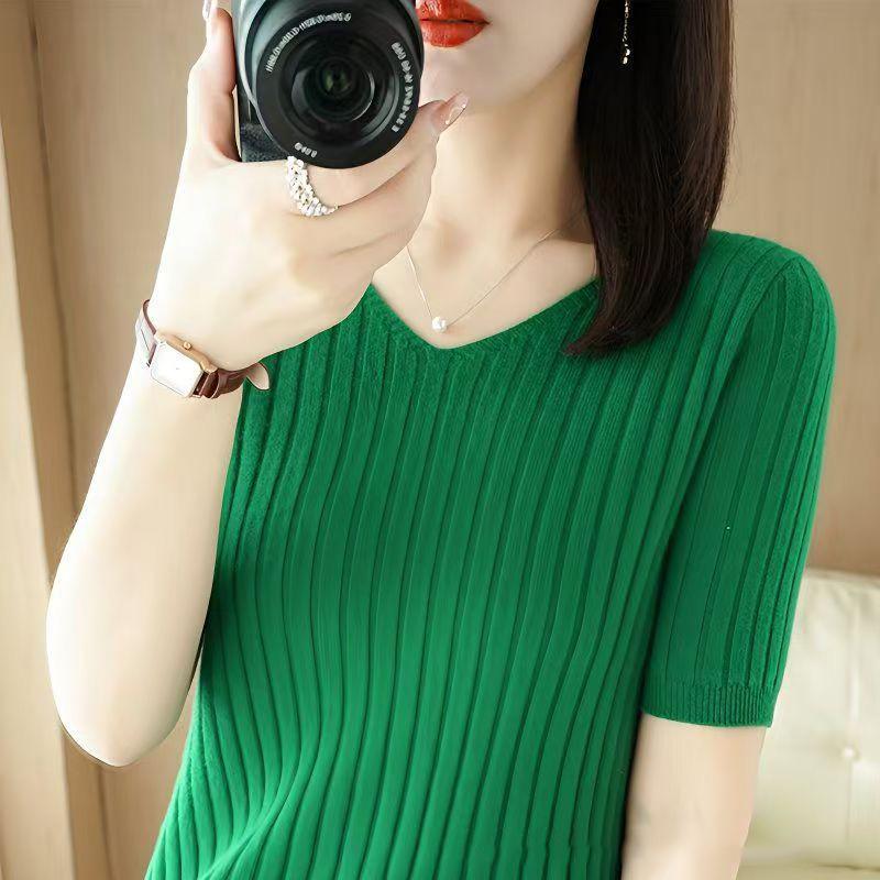 Frühling Sommer Damen V-Ausschnitt Kurzarm Exquisiter Kaschmir Strickpullover Pullover Einfarbig