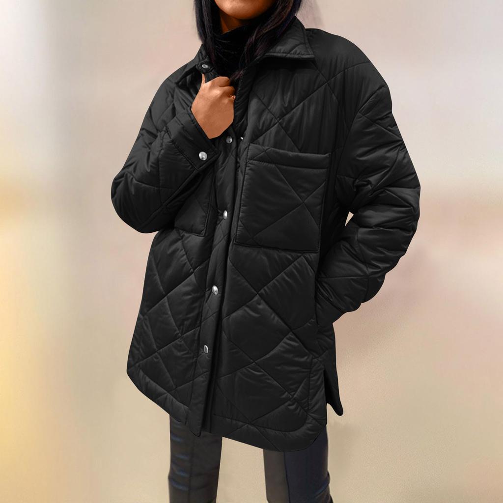 Women's Loose Casual Solid Color Medium Long Diamond Down Cotton Jacket, Bread Jacket