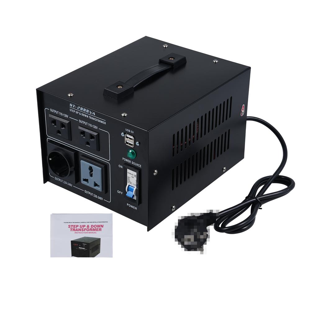 2000W Voltage Step Up Down Converter Power Converter 220V to 110V 2x USB Ports High Efficiency Good Heat Dissipation for Laptop, Mobile Ph