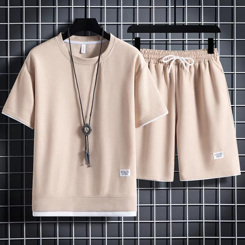 

2025 Summer Men s Sports Suit Casual T-shirt + Shorts Suit Solid Color Short-sleeved Shorts Two Sets of Sportswear Loose Suit XL