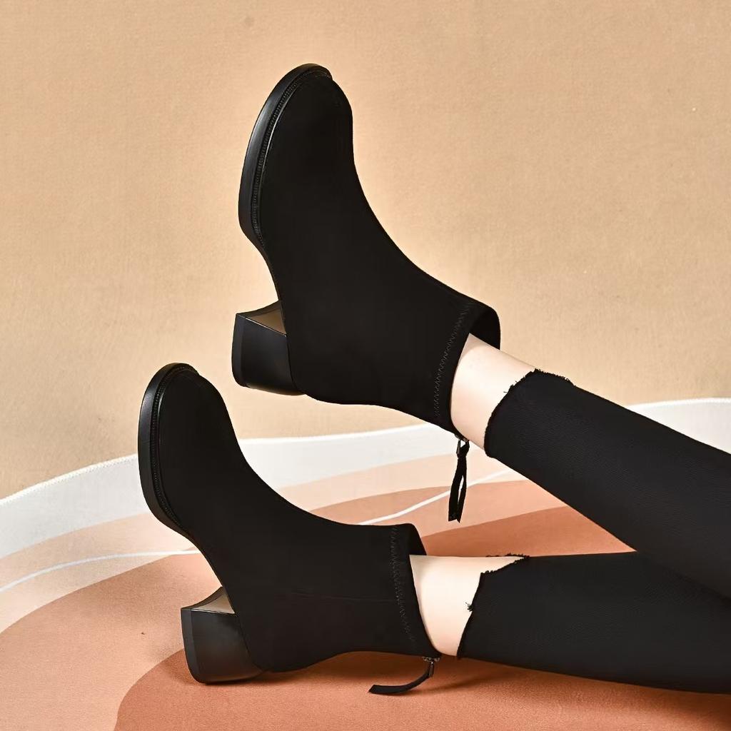 Round Head Fashion Boots Women's Autumn and Winter New Black Simple Temperament Short Boots Thick Heel High Heel Thin Boots