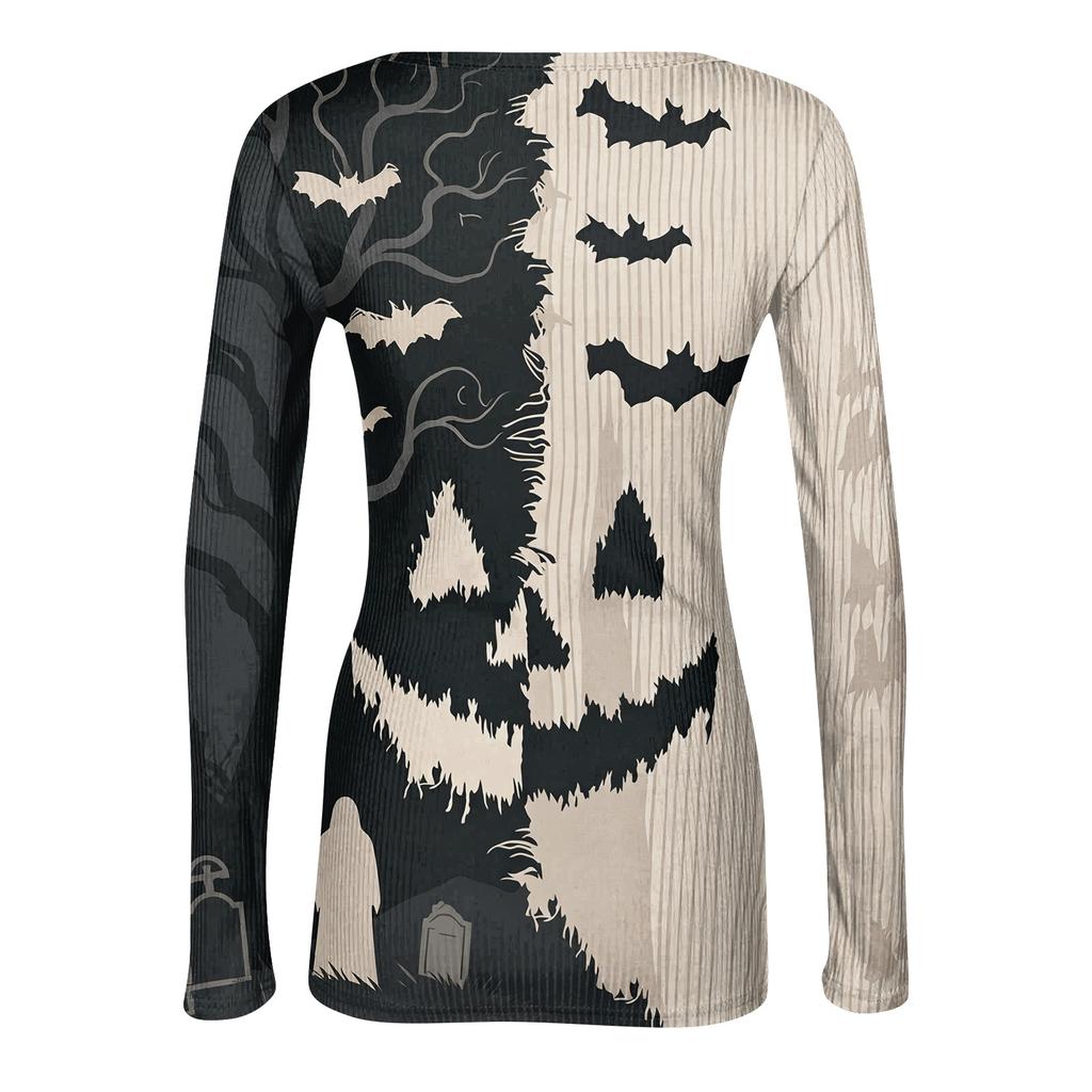 Women Halloween Print Long Sleeve Slim Fit Crew Neck Base Shirt Stretchy Ribbed Fabric Casual Top for Autumn and Winter