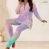 Women Plus Size Gradient Star Printed Half Zip Long Sleeve Longline Top Fitted Pants Two Piece Set