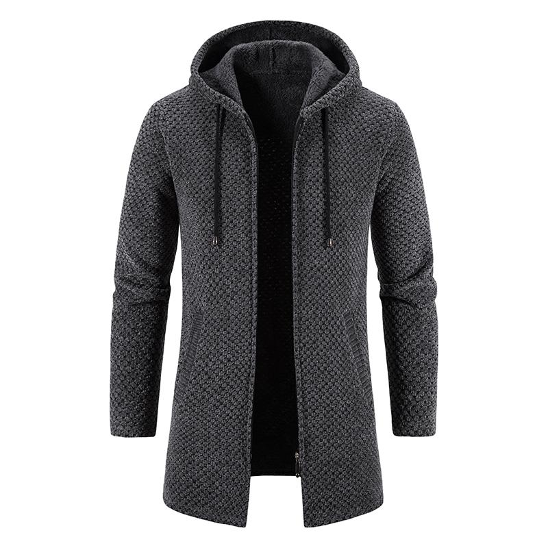 Trench invernale da uomo Giacca lunga in maglia Maglione con cappuccio in pile Caldo Beige Cardigan Business Casual Giacca con cerniera Cappotto